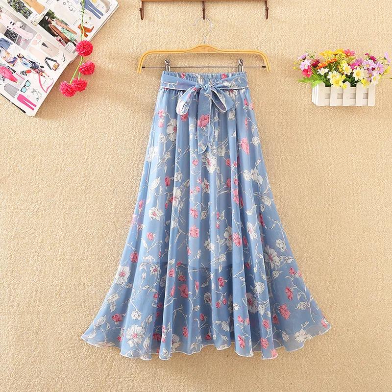 Spring and Summer Mid-length Chiffon Print Bow Boho Beach Skirt Women's Skirt