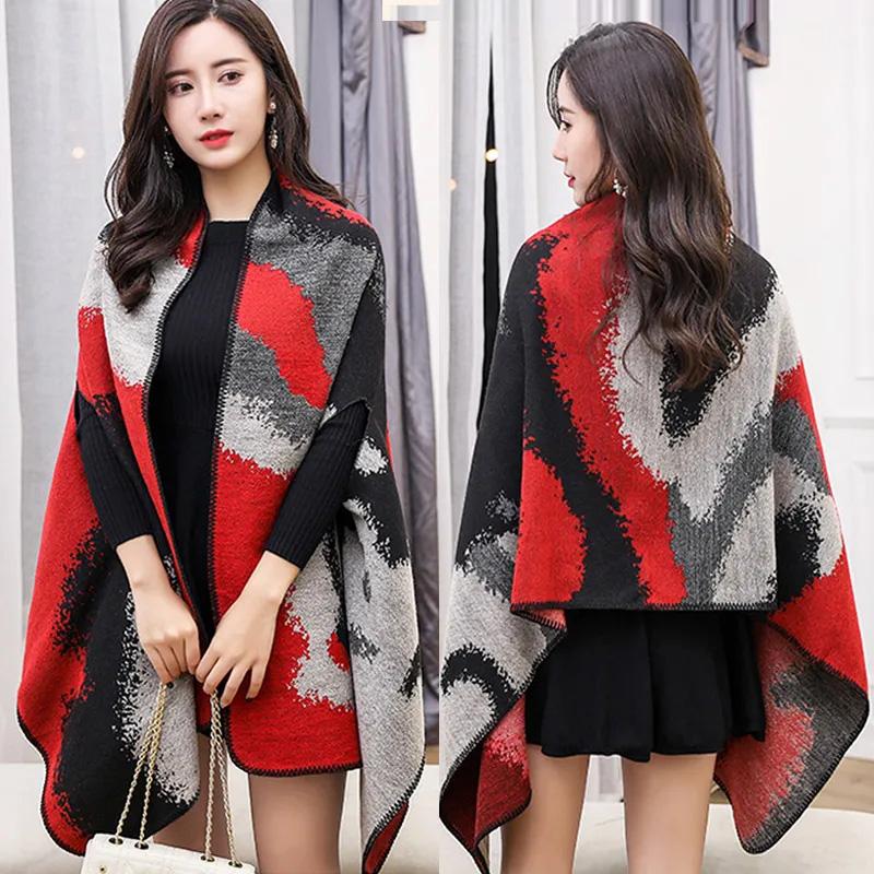 Women's Autumn Winter Wear Shawl Jacket Middle-aged Sweater Cardigan Sweater Shirt Outside Loose Mid-length Outerwear Double-sided Printing Shawl