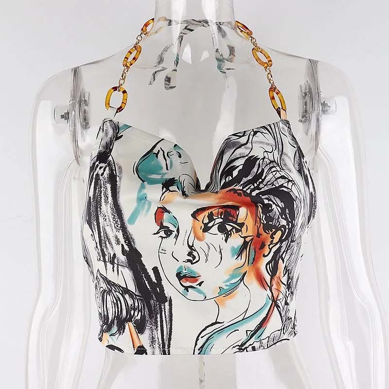 Street Style Face Print Lace-up Halter Vest Women's Summer Sexy Beauty Back Crop Top Beaded Strap Camisole Sleeveless Beach Wear Cool Steetwear Top
