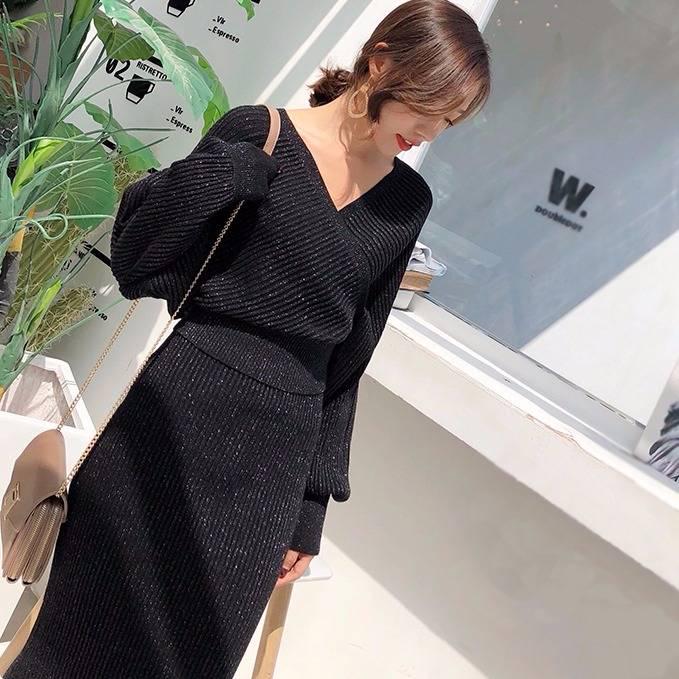 V-neck Women Knitted Skirt Suits Batwing Sleeve 2 Pieces Elegant Party Female Sweater Elegant Dress