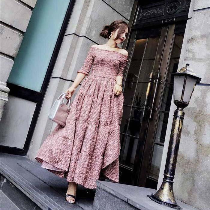 Women Off Shoulder Floral Camisole Dress Short-sleeved Long A-line Vacation Beach Dress