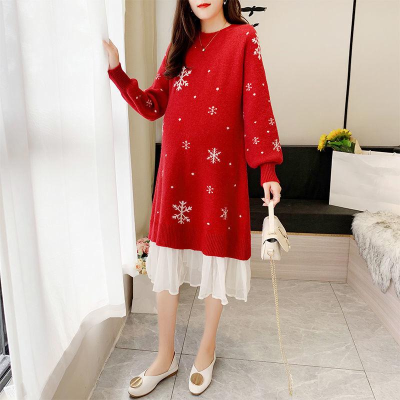 Autumn and Winter Snowflake Christmas Maternity Clothes Long Sleeve Dress Mid-length  Loose Plus Size Round Neck Knitted Skirt