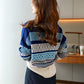 Sweater Women Stitching Printing V-neck Pullover Knitwear Korean Loose Fluffy Top Striped Sweater Autumn and Winter Fashion