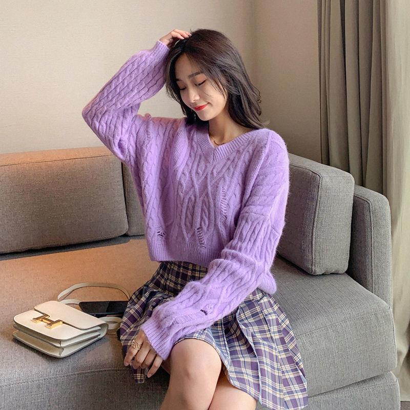 Autumn and Winter  Retro Japanese Short Hooded Loose Student Outer Wear Lazy V-neck Sweater Women