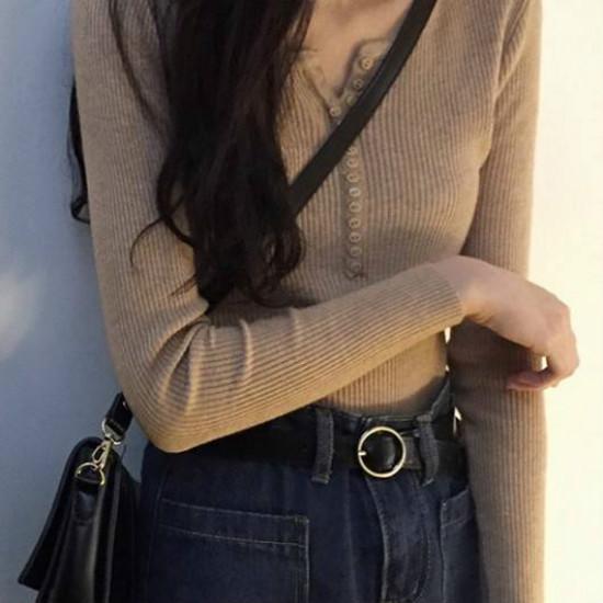 Pofulove Long Sleeve V-neck Pullover Short Button Sweater Women Open Navel Sexy Slim Waist Knitwear