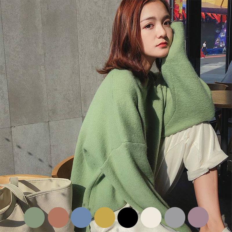 Pofulove 7 Colors Women Warm Solid Purple O-Neck Loose Sweater Blouse Simple Color Charm Sweaters