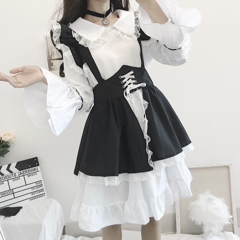 Black and White Gothic Style Maid Costume Lolita Dress Cute Japanese Costume Party Dress