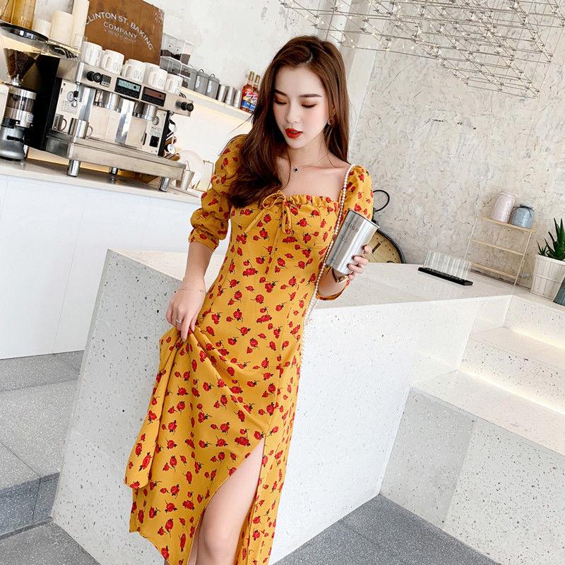 2020 Strawberry Print Cute Long Dress Spring Summer Women Streetwear Slim Split Dress Chiffon Dress