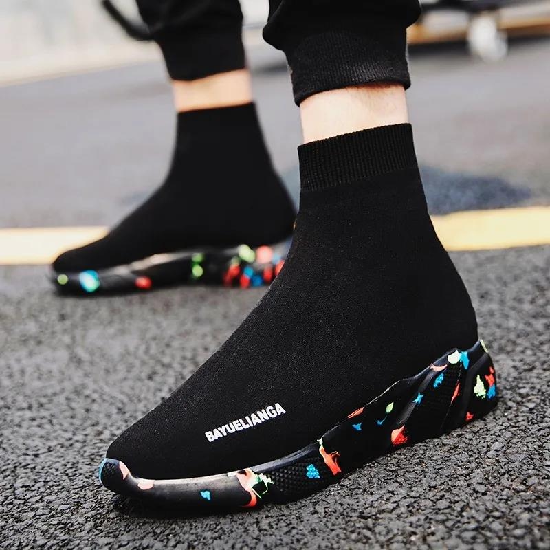 Summer Breathable Net Men's Shoes Unisex High-top Stretch Sock Shoes Korean Style Trendy Couple Shoes Casual High-top Sneakers