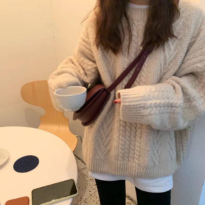 Thick Solid Color Twist Sweater Women's Winter Loose Round Neck Wild Knitted Jacket