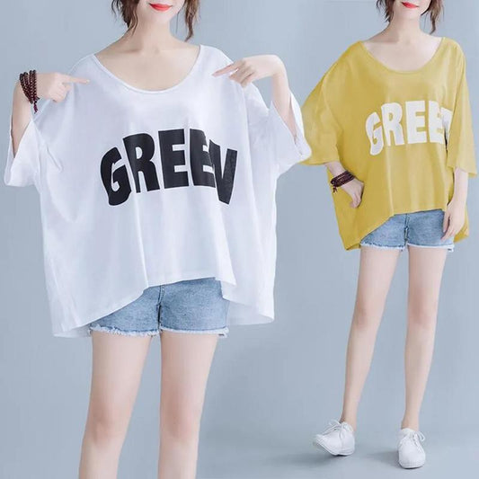 Large Size Women's Loose Letter Printing Short-sleeved T-shirt Tops Women's Casual Loose Large Size Round Neck Mid-sleeve T-shirts