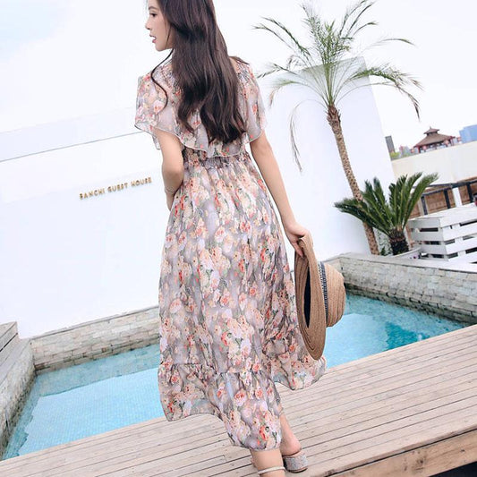 Fashion Boho Off Shoulder Floral Ruffle Hem Belted Summer Long Dress A Line Party Elegant Dresses