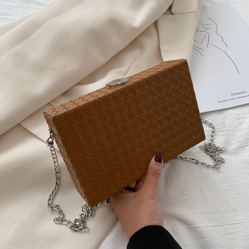 Women Box Bag Print Casual Clutch Purse Shoulder Crossbody Bags Weave Pattern Metal Chain Pu Leather