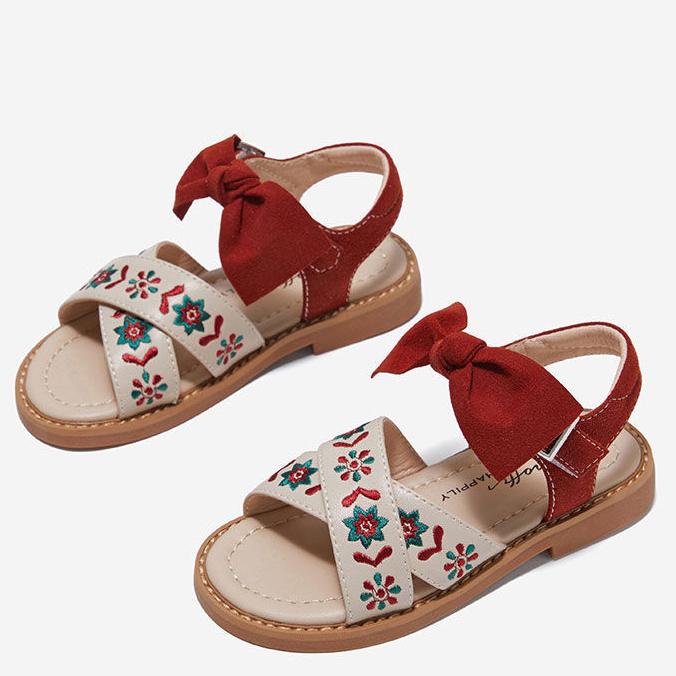 Girls' Sandals Princess Shoes Summer Soft Soled Red Children's Non Slip Bow Decoration Casual Beach Shoes