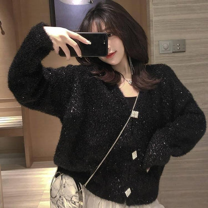 Women Bright Silk Cardigan Jacket Short Loose Lantern Sleeve Sweater Plus Size