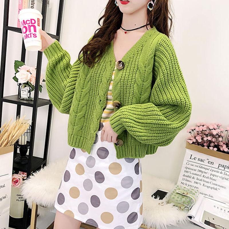 Autumn and Winter Cropped Woolen Coat Casual High Waist Loose Top Retro Cardigan Women Sweater