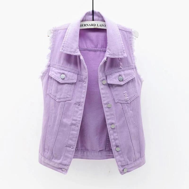 Multi-color Denim Vest Women's Short Spring Summer All-match Slim Raw Edge Sleeveless Jacket Ripped Tops