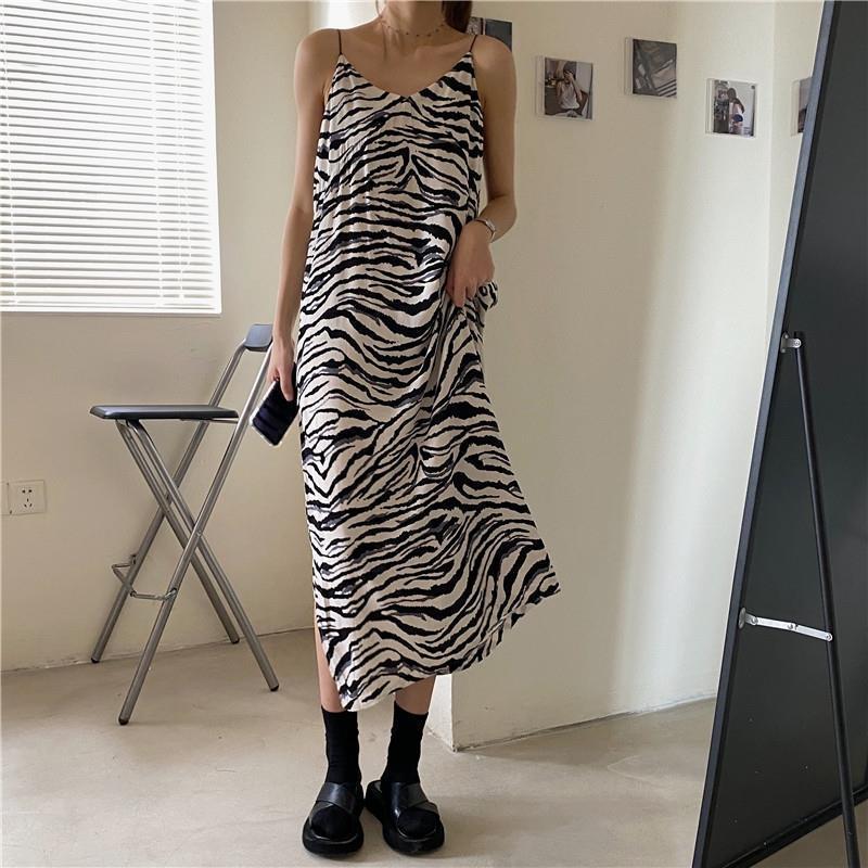 Women Summer Vintage Zebra-stripe Long Club Dress Elegant Slim V-neck Loose Sling Backless Party Dress