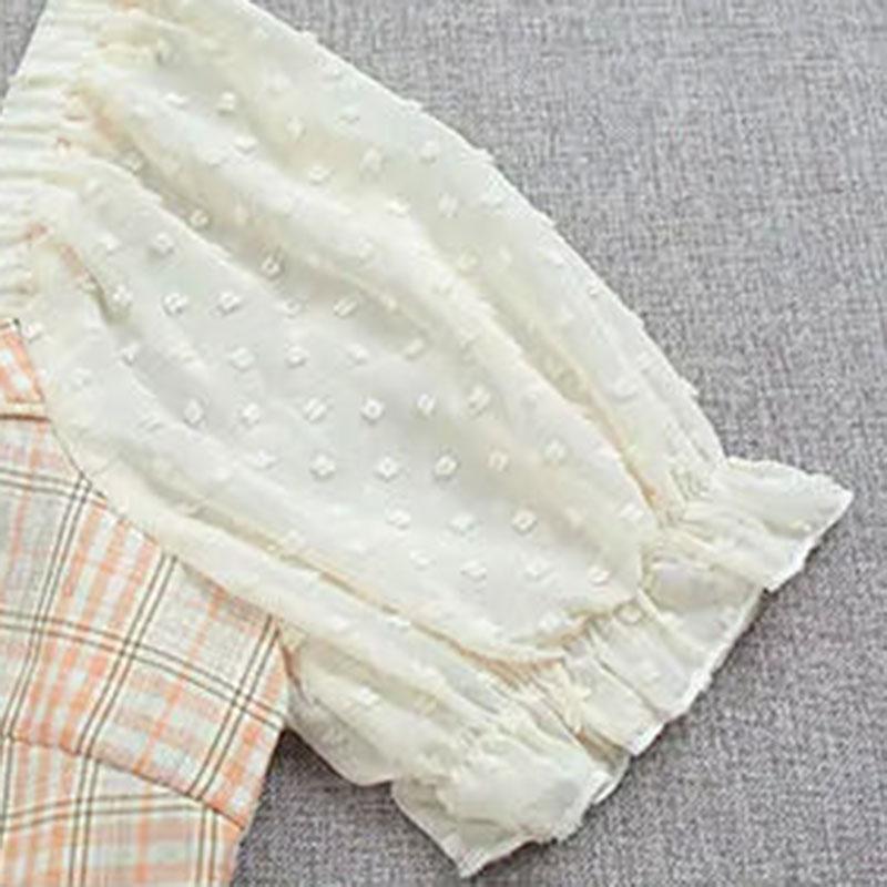 Summer Plaid Dress Square Neck Puff Sleeve A-Line Skirt