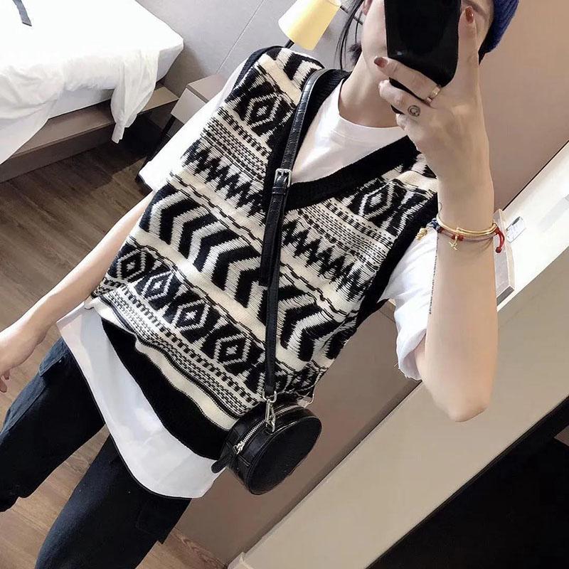 Spring and Autumn Fashion All-match Sweater Retro Striped Knitted Top Loose Jacquard Women's Vest