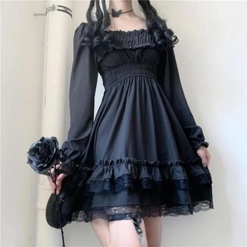 Gothic Women Black Party Dress Cross Square Collar Lolita Princess Irregular Dress Cute Lace Ruffles Chic Dress