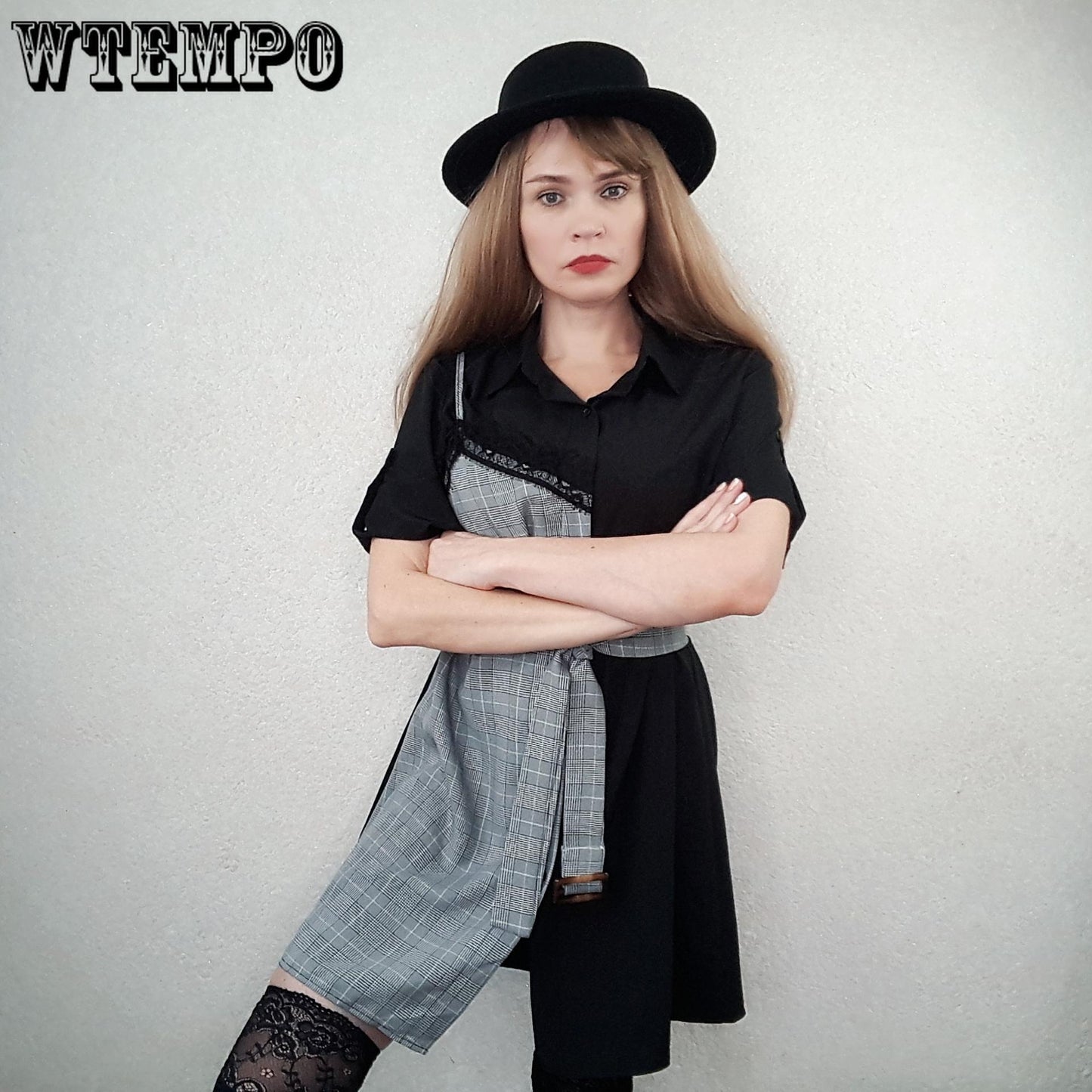 Summer Office Lady Black Dress Stitching Shirt Dress Simple Plus Size Dresses with Belt