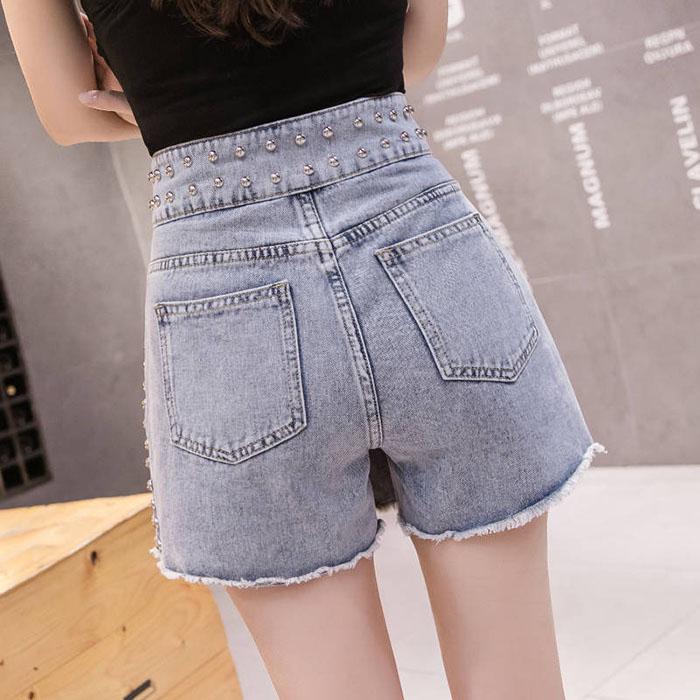 Pofulove S-2XL Women Plus Size Studded Denim Shorts High Waist Anti-light Student Skirt Pants Jeans