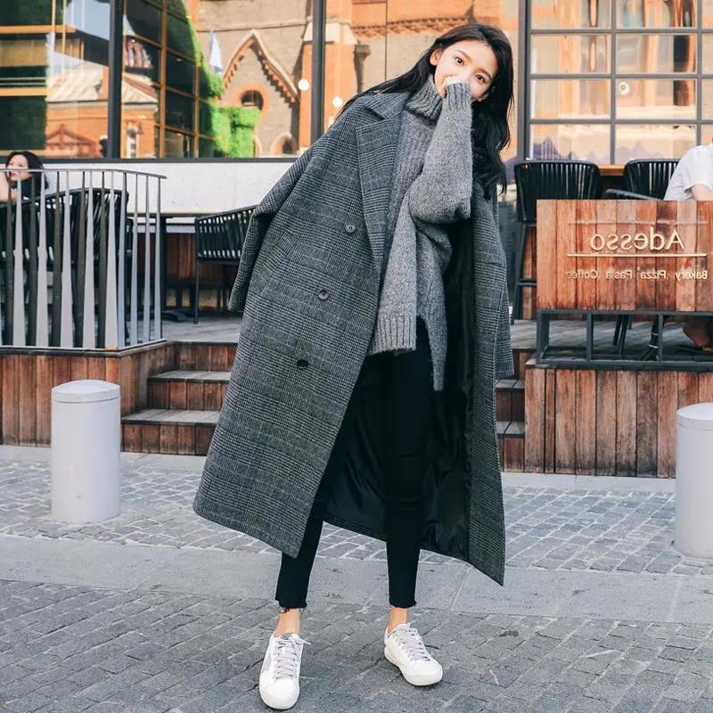 Plaid Woolen Coat Korean Style Loose V-neck Coat Autumn and Winter Mid-length Over-the-knee Women's Woolen Coat