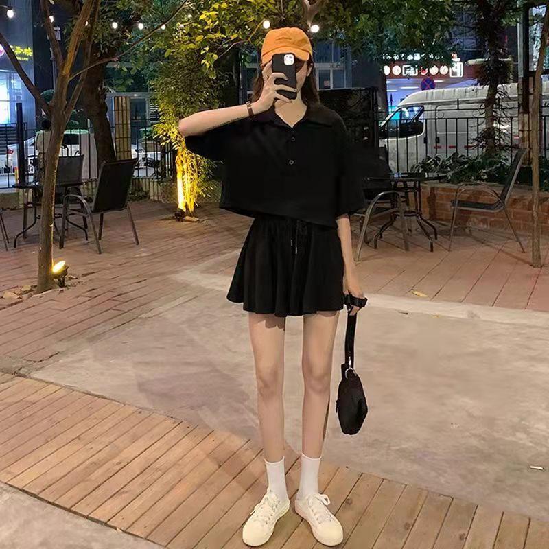 Two-piece Women's Polo Collar Workwear Loose All-match Short-sleeved T-shirt + Wide-leg Culottes Set Casual Sportswear Home Clothing