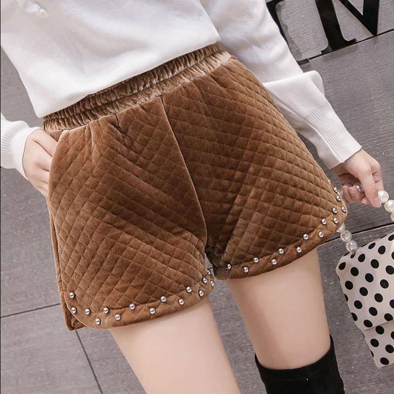 Woolen Short Belt High Waist Vintage Plaid Wide Leg Pants Casual Short Pant Female Pocket