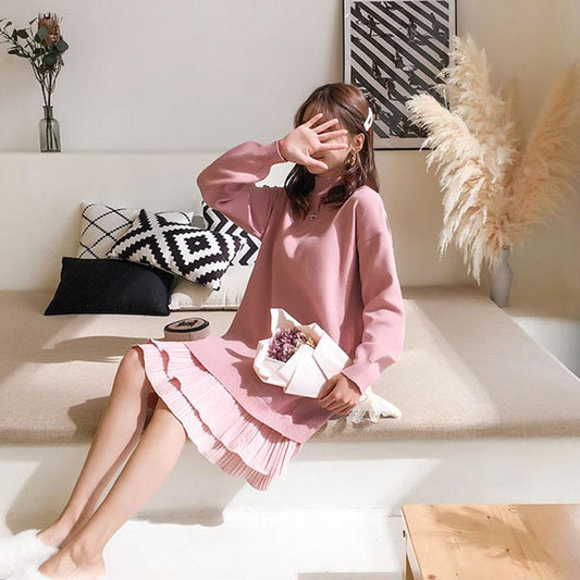 Autumn and Winter Half Turtleneck Sweater Thickened Long Over-the-knee Shirt Color-blocking Ruffled Knitted Dress