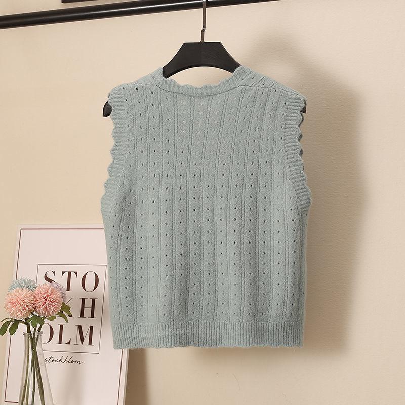 Wool Knitted Vest Women's Vest Spring and Autumn Loose Short Wave Side Single-breasted Hollow Sweater Small Cardigan