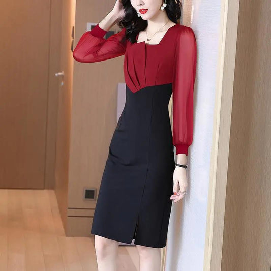 Women's Summer Long-sleeved Dress Stitching Slim Square Neck A-line Hip Skirt
