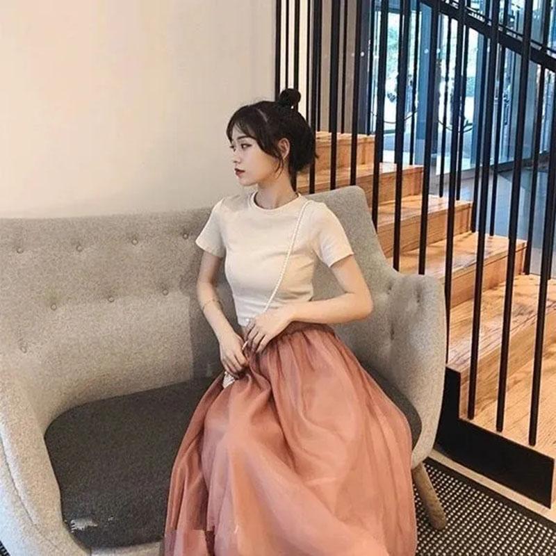 Two-piece Skirt Suit Summer Ladies Bow Tie Cotton Top T-shirt + Organza Chiffon Skirt Sexy Show Waist A-line Skirt Suit