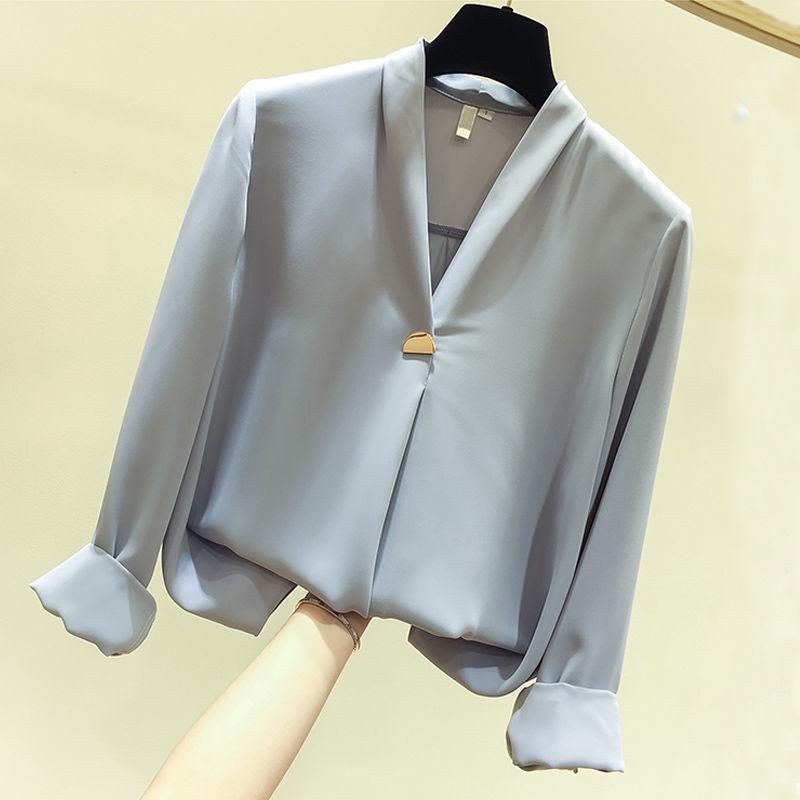 White Shirt Temperament Was Thin V-neck Long-sleeved Loose Solid Color Shirt Female Super Fairy Blouse Work Clothes Suit with Shirt