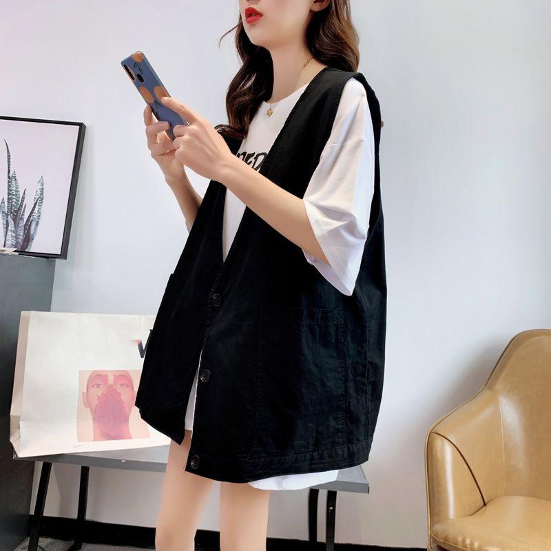 Big Pocket Solid Color Women's Vest Sleeveless Spring and Summer Loose Casual Waistcoat