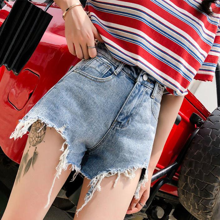 WTEMPO Jeans Women Loose Students High Waist Was Tall and Thin Wide Legs Raw Edges A-line Shorts