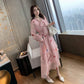 Floral Print V-Neck Casual Dress Women 2020 Summer Long Sleeve A Line High Waist Trapeze  Dresses