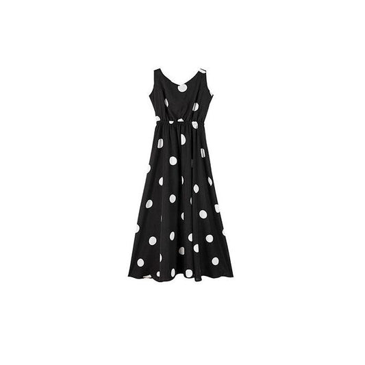 Polka Dot Suspender Dress Women's Summer Elegant Mid Length Open Back French Waist Chiffon Dress