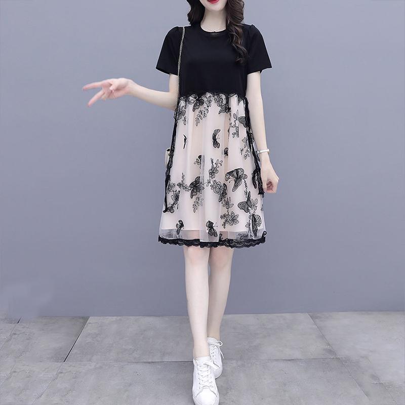 Women Size M-XXXL Summer Printing Knee-length Dress Short  Sleeve Chiffon Lace Mesh A-line Skirt