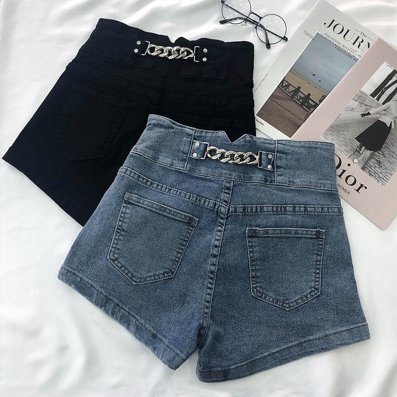 High Waist Denim Shorts Women's Retro Metal Chain Design A-line Wide Leg Pants