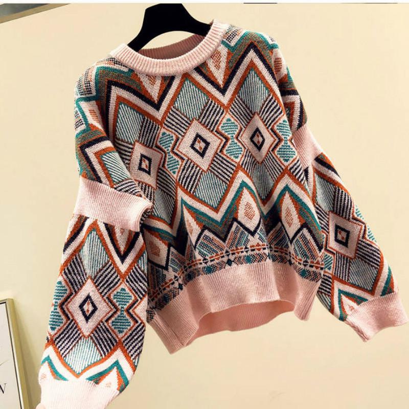 Pofulove Autumn Winter Women's Sweater Short Pullover Lazy Loose Thick Sweater Long Sleeve