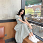 Women's French Retro Style Orange Dress with Puff Sleeves Square Collar Waist Waist Slim Dress