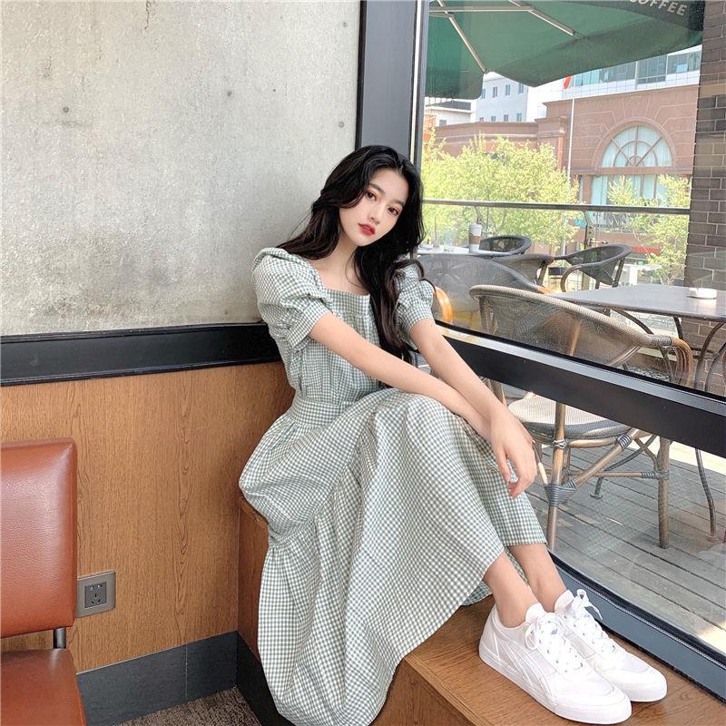 Women's French Retro Style Orange Dress with Puff Sleeves Square Collar Waist Waist Slim Dress