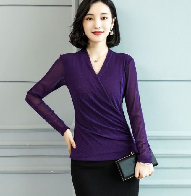 Mesh Bottoming Shirt Ladies Spring V-Neck Pullover Long Sleeve T-Shirt Slim Fit Slim Large Size Top
