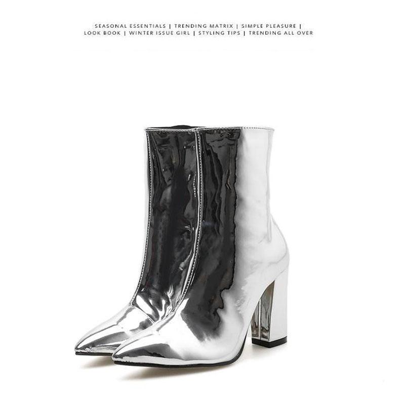 Thick-heeled Ankle Boots Women's Autumn Winter Pointed High-heeled Ankle Boot Silver Bright Leather Zipper Plus Velvet Martin Boots