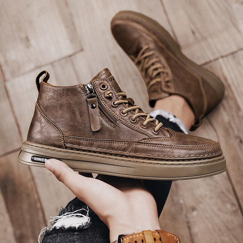 Spring Men's Shoes High Top Casual Leather Shoes Men's Work Waterproof Skid Plate Shoes All Match Sneakers Breathable Soft Sole Zipper Shoes
