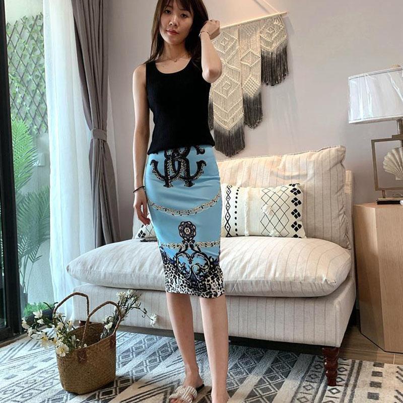 Women Gemetroc Printed  High Waist Elasticity Slim Office Lady Pencil Skirts Summer Cool Breathable  Knee-length Skirt with Slit