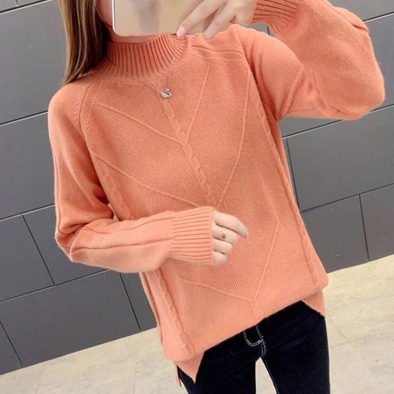 Women White Short Half-high Collar Pullover Sweater Office Loose Thick Solid Sweatshirts