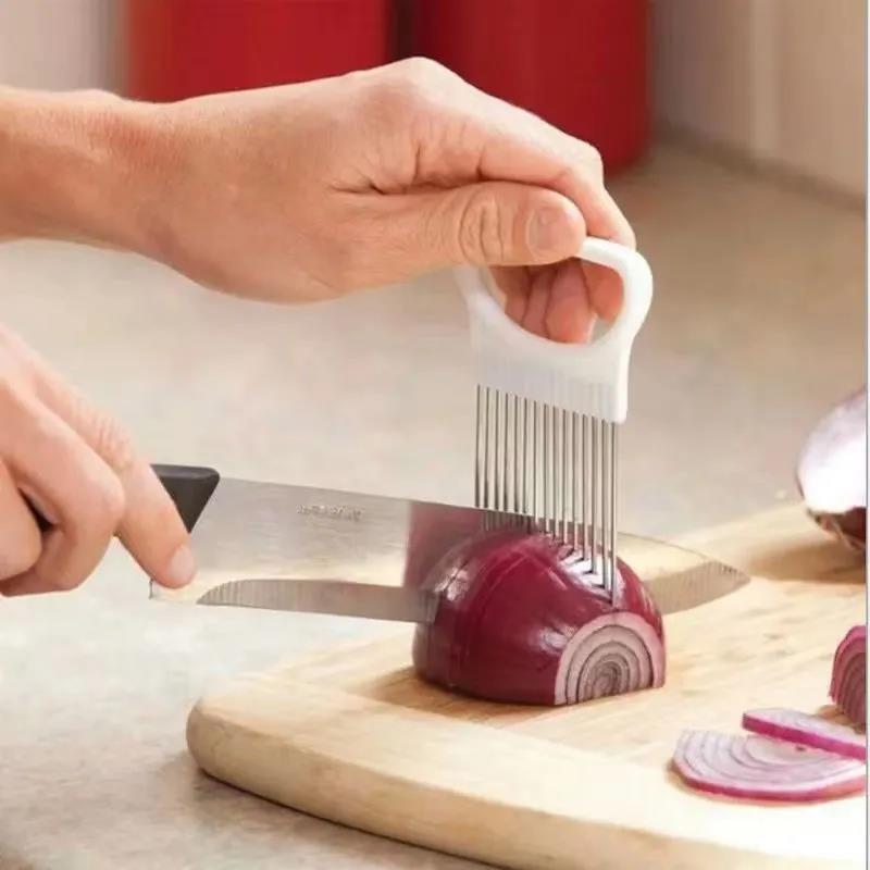 3PC Handy Fruit Gadget Stainless Steel Onion Holder Potato Safety Cooking Tools Slicer Cutting